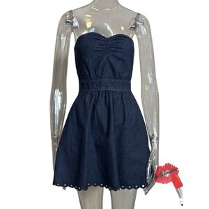 Juicy Couture Mini Dress Size 2 Blue Denim Strapless Smocked Scalloped Hem Y2K